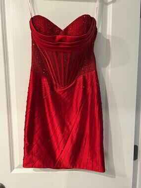 Ava Presley Red Strapless Sweetheart Beaded Corset Bodycon Mini Dress Size 2